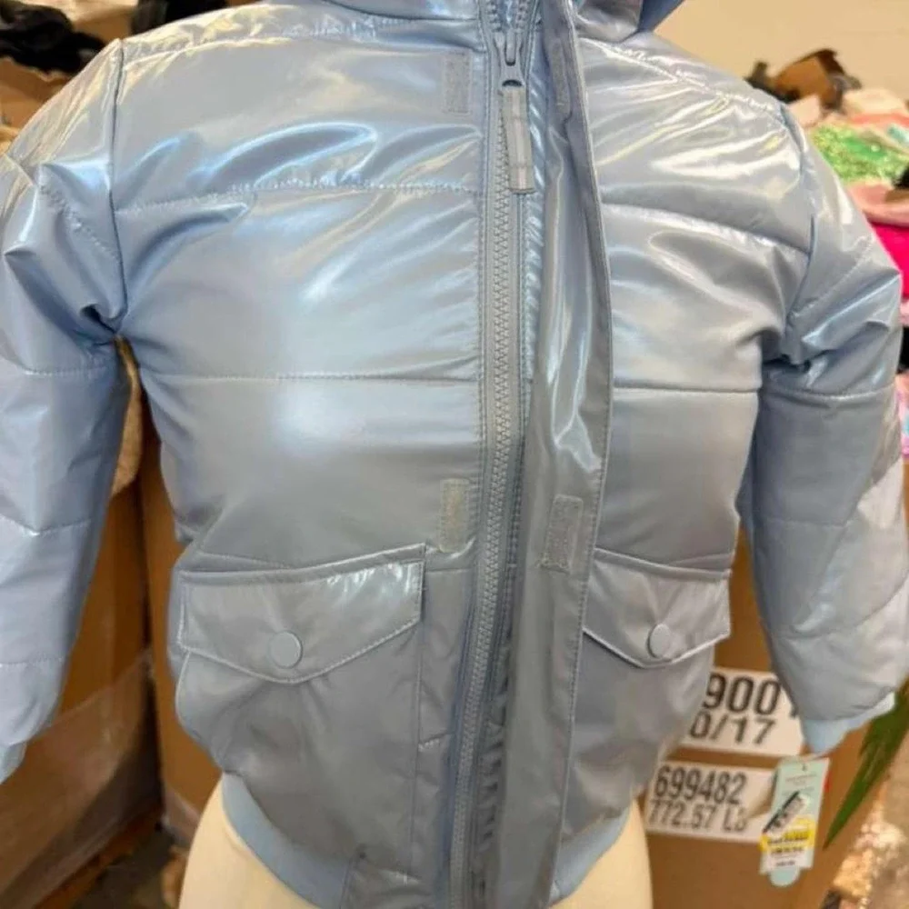 Cat & Jack Girls' Shiny Blue Hooded Puffer Jacket – Size XS (4/5)